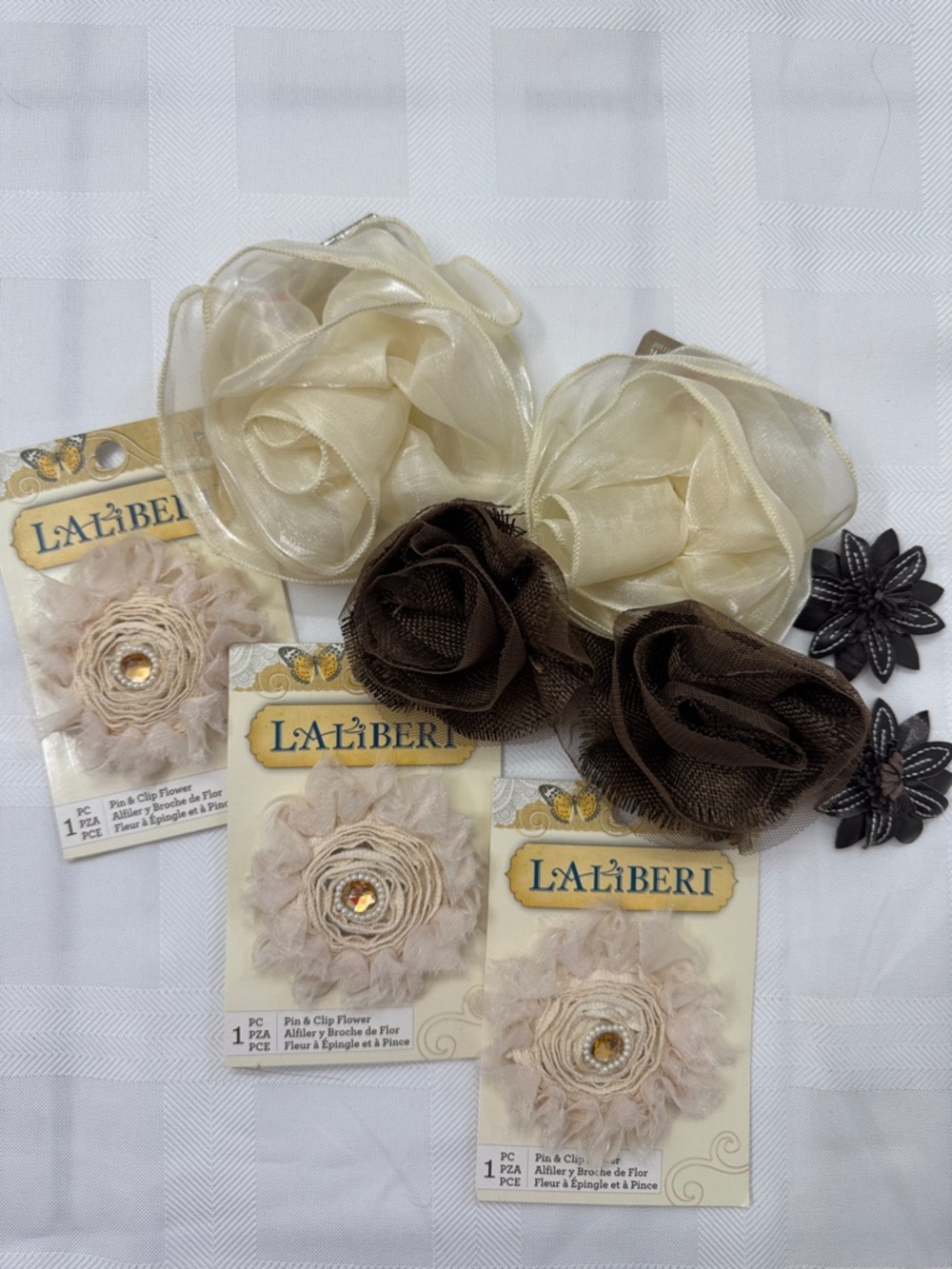 Cream & Brown Fabric Floral Hair Clips - Set of 9 Decorative Accessories